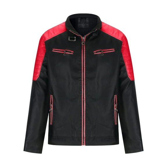 HOOMEUMY Mens Fleece Lined Leather Jacket Colorblocked Coat Stand Collar Jacket Padded Design Casual Workout Long Sleeve Clothes Fashion 2025 Trendy Red XL