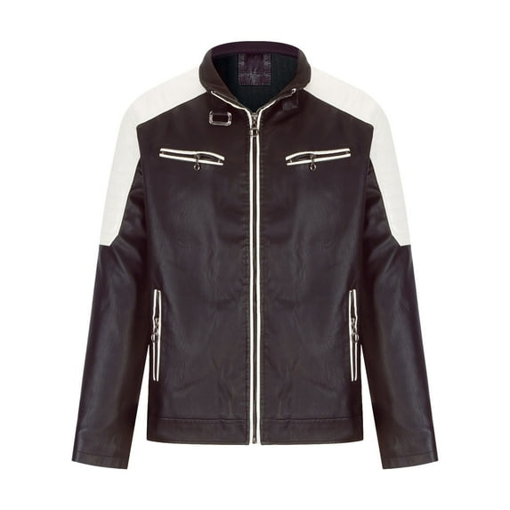 HOOMEUMY Mens Fleece Lined Leather Jacket Casual Workout Long Sleeve Clothes Fashion 2025 Trendy Colorblocked Coat Stand Collar Jacket Padded Design Brown XXXL