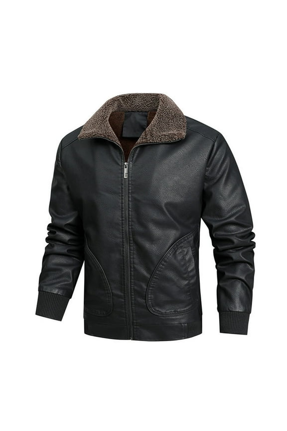 Mens Fleece Lined Leather Jacket Slim Fit Design Casual Workout Long Sleeve Clothes Fashion 2025 Trendy Classic Solid Coat Turndown Collar Jacket Black M