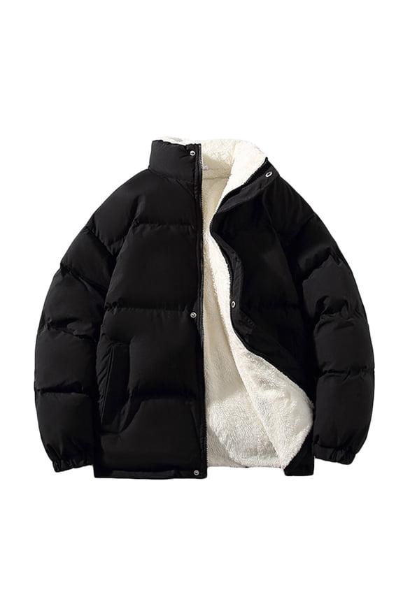 Mens Fleece Lined Thermal Jacket Fashion 2025 Trendy Classic Solid Coat Stand Collar Jacket Zipper Design Casual Workout Drop Shoulder Clothes Black M