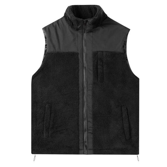HOOMEUMY Mens Fleece Vest Sleeveless Clothes Fashion 2025 Trendy Classic Solid Coat Stand Collar Jacket Pockets Design Casual Workout Black M