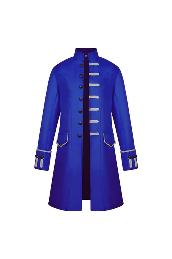 Mens Gothic Coat Fashion 2025 Trendy Classic Solid Coat Stand Collar Jacket Steampunk Design Casual Workout Long Sleeve Clothes Blue XXL