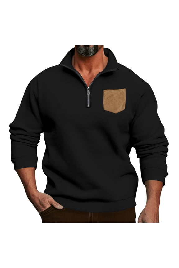 Mens Half-Zip Pullover 2025 Trendy Classic Solid Coat Stand Collar Jacket Loose Fit Design Casual Workout Long Sleeve Clothes Fashion Black M