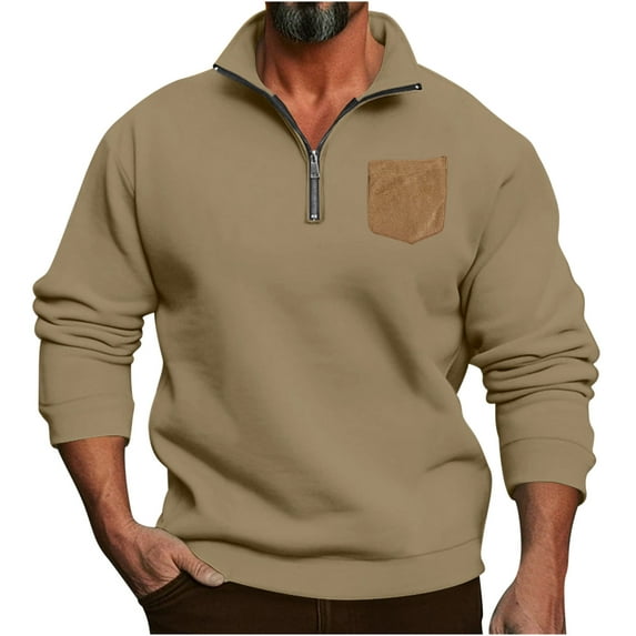 HOOMEUMY Mens Half-Zip Pullover Classic Solid Coat Stand Collar Jacket Loose Fit Design Casual Workout Long Sleeve Clothes Fashion 2025 Trendy Beige XXXL