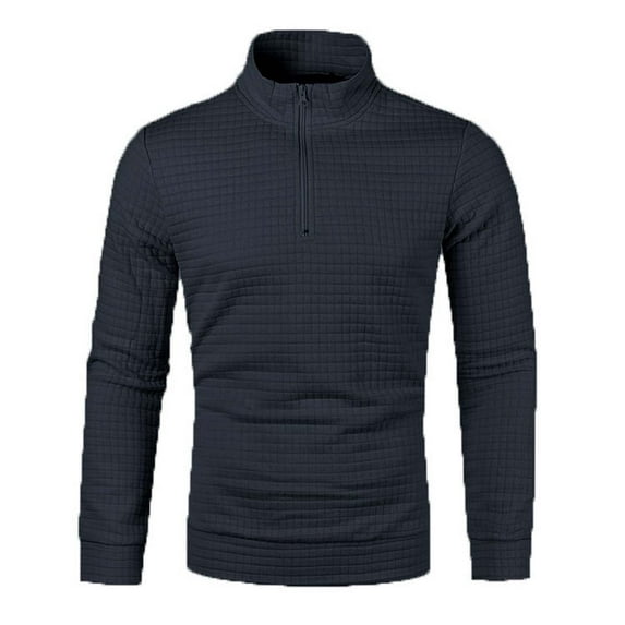 HOOMEUMY Mens Half-Zip Pullover Classic Solid Coat Stand Collar Jacket Slim Fit Design Casual Workout Long Sleeve Clothes Fashion 2025 Trendy Navy XL