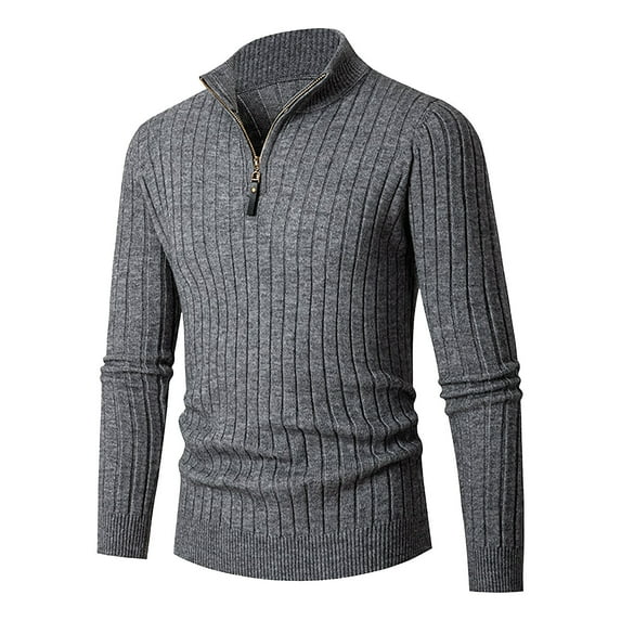 HOOMEUMY Mens Half-Zip Sweaters Stand Collar Tops Stretch Blouse Casual Basic Long Sleeve Shirts Fashion 2025 Trendy Classic Solid Design Gray M