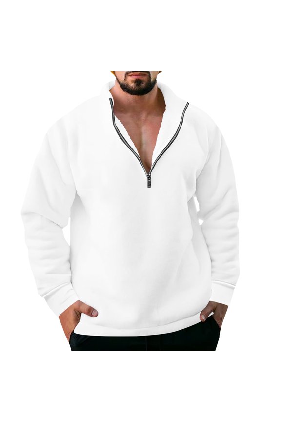 Mens Half Zip Sweatshirts 2025 Trendy Classic Solid Blouse Stand Collar Tops Loose Fit Design Casual Basic Drop Shoulder Shirts Fashion White M