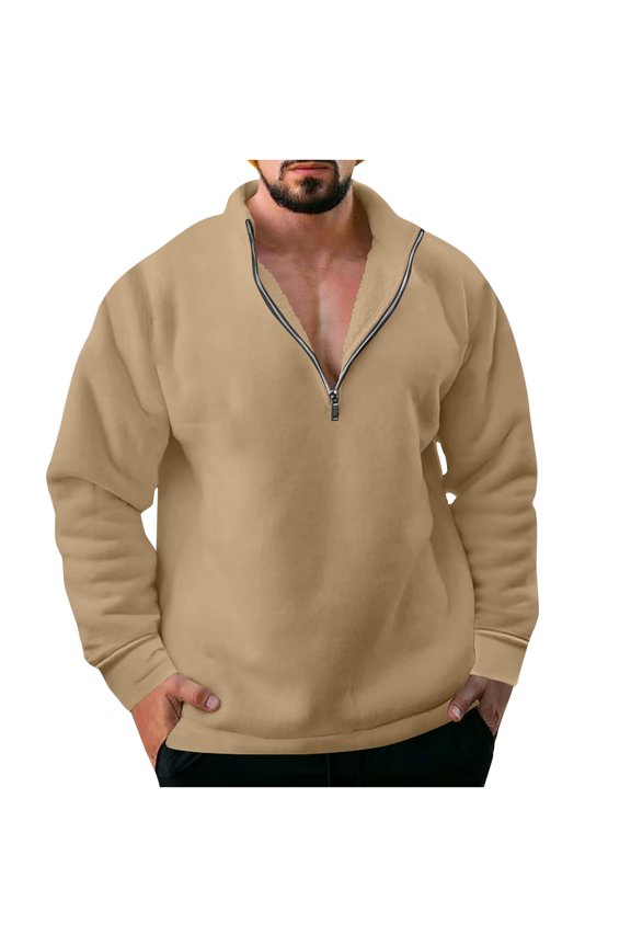 Mens Half Zip Sweatshirts Fashion 2025 Trendy Classic Solid Blouse Stand Collar Tops Loose Fit Design Casual Basic Drop Shoulder Shirts Brown L