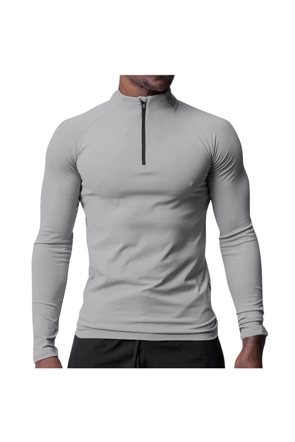 Mens Half-Zipper Shirts 2025 Trendy Classic Solid Blouse Crew Neck Tops Slim fit Design Casual Pullover Long Sleeve Shirts Fashion Gray M