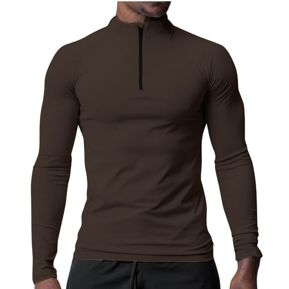 HOOMEUMY Mens Half-Zipper Shirts Fashion 2025 Trendy Classic Solid Blouse Crew Neck Tops Slim fit Design Casual Pullover Long Sleeve Shirts Brown XXL