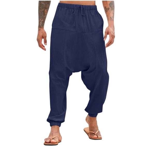 HOOMEUMY Mens Harem Pants Baggy Casual Cotton Linen Boho Yoga Drop Crotch Hippie Trousers Spring Fasion Feet Elastic Waist Pants Navy 6