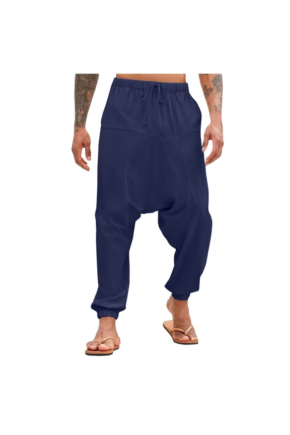Mens Harem Pants Baggy Casual Cotton Linen Boho Yoga Drop Crotch Hippie Trousers Spring Fasion Feet Elastic Waist Pants Navy 6