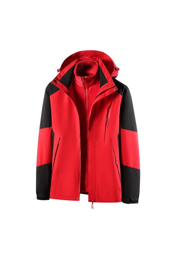 Mens Hooded 3 in 1 Interchange Jacket Colorblocked Coat Stand Collar Jacket Windproof Design Casual Workout Long Sleeve Clothes Fashion 2025 Trendy Red M