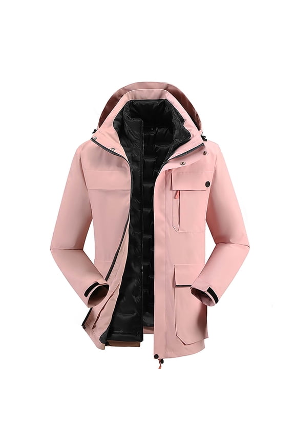 Mens Hooded 3 in 1 Interchange Jacket Workout Long Sleeve Clothes Fashion 2025 Trendy Classic Solid Coat Stand Collar Jacket Waterproof Design Casual Pink XL