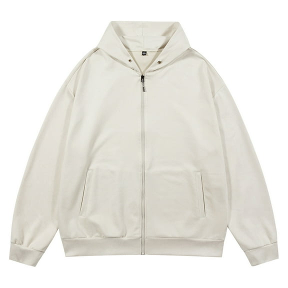 HOOMEUMY Mens Hooded Athletic Jacket Fashion 2025 Trendy Classic Solid Coat Crew Neck Design Oversized Zip Up Zipper Pockets Jacket Casual Workout Drop Shoulder Clothes Beige XXXL
