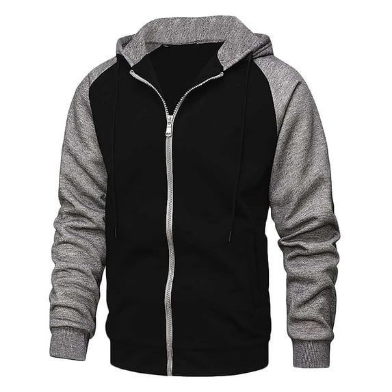 HOOMEUMY Mens Hooded Athletic Jackets Crew Neck Jacket Breathable Design Casual Workout Raglan Sleeve Clothes Fashion 2025 Trendy Colorblocked Coat Black M