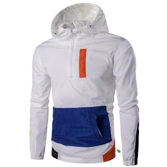 HOOMEUMY Mens Hooded Athletic Jackets Stand Collar Jacket Loose Fit Design Casual Workout Drop Shoulder Clothes Fashion 2025 Trendy Colorblocked Coat White M