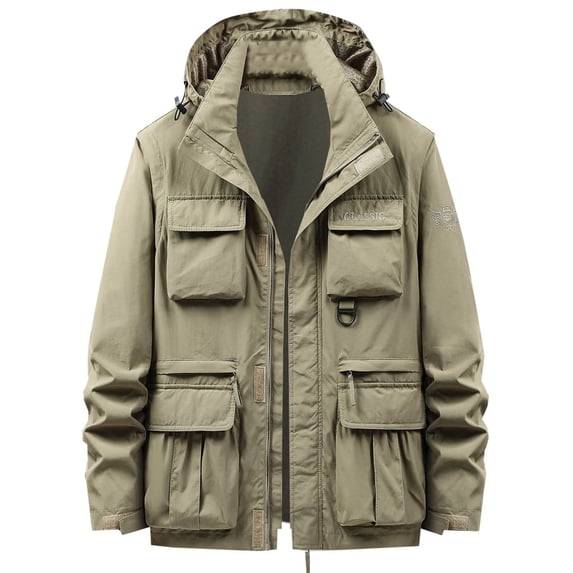 HOOMEUMY Mens Hooded Cargo Jacket Casual Workout Long Sleeve Clothes Fashion 2025 Trendy Classic Solid Coat Stand Collar Design Waterproof with Multi Pockets Jacket Yellow XXXL