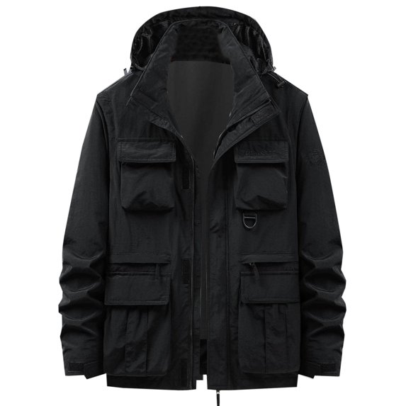 HOOMEUMY Mens Hooded Cargo Jacket Deals Classic Solid Coat Stand Collar Design Waterproof with Multi Pockets Jacket Casual Workout Long Sleeve Clothes Fashion 2024 Trendy Black XL