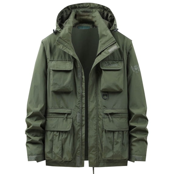 HOOMEUMY Mens Hooded Cargo Jacket Long Sleeve Clothes Fashion 2025 Trendy Classic Solid Coat Stand Collar Design Waterproof with Multi Pockets Jacket Casual Workout Green XXXL