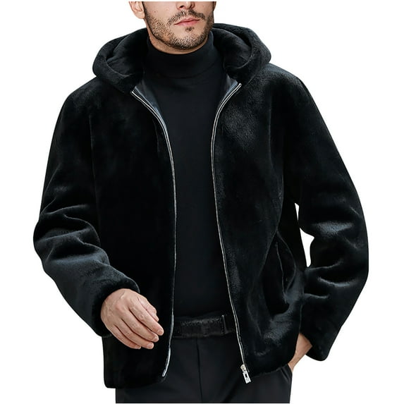 HOOMEUMY Mens Hooded Faux Furry Coat Long Sleeve Clothes Fashion 2025 Trendy Classic Solid Coat Crew Neck Jacket Zipper Design Casual Workout Black M