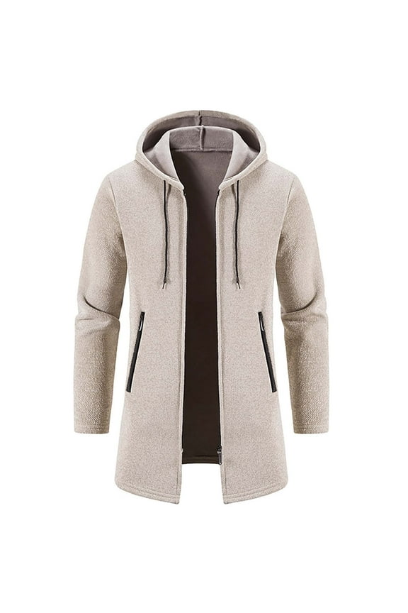Mens Hooded Fleece Coat Classic Solid Coat Crew Neck Jacket Padded Design Casual Workout Long Sleeve Clothes Fashion 2025 Trendy Beige M