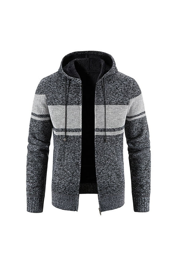 Mens Hooded Fleece Jacket Long Sleeve Clothes Fashion 2025 Trendy Striped Coat Crew Neck Jacket Padded Design Casual Workout Gray L