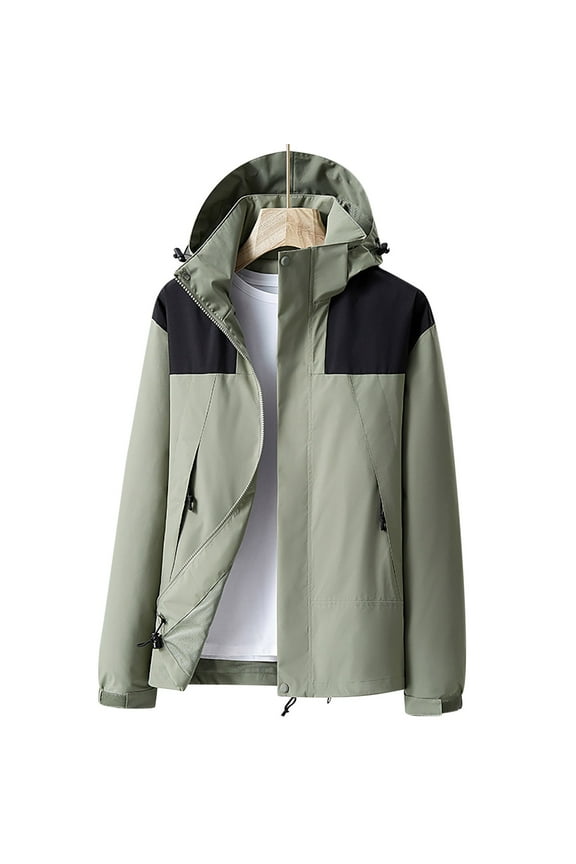 Mens Hooded Interchange Jacket Waterproof Design Casual Workout Drop Shoulder Clothes Fashion 2025 Trendy Colorblocked Coat Stand Collar Jacket Green XXL