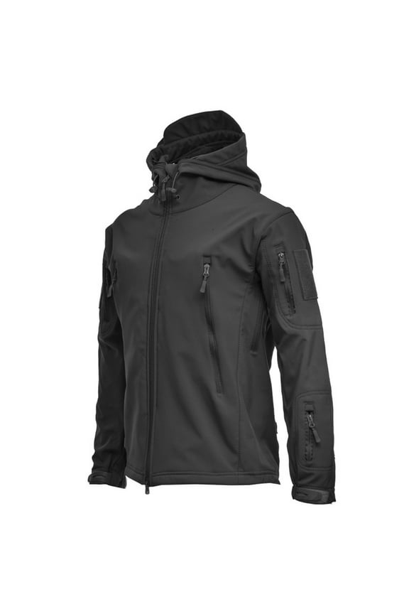 Mens Hooded Rain Jacket Stand Collar Design Waterproof Thermal Fleece Softshell Hiking Camping Fishing Jacket Casual Workout Long Sleeve Clothes Fashion Classic Solid Coat Black M