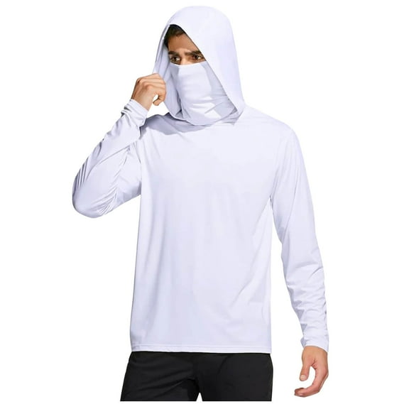 HOOMEUMY Mens Hooded Sunscreen Clothing Long Sleeve Shirts Fashion 2025 Trendy Classic Solid Design High Neck Tops Lightweight Breathable Blouse Casual Basic White L