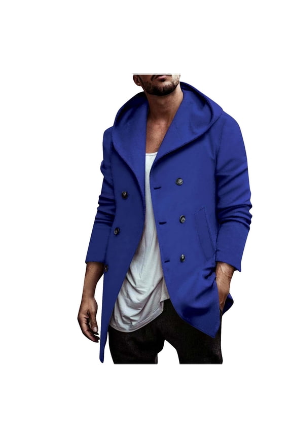 Mens Hoodie Cardigan Trench Coat Classic Solid Coat Crew Neck Jacket Double Breasted Design Casual Workout Long Sleeve Clothes Fashion 2025 Trendy Blue XXXL