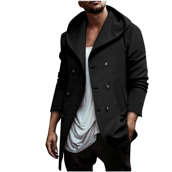 HOOMEUMY Mens Hoodie Cardigan Trench Coat Double Breasted Design Casual Workout Long Sleeve Clothes Fashion 2025 Trendy Classic Solid Coat Crew Neck Jacket Black XXXL