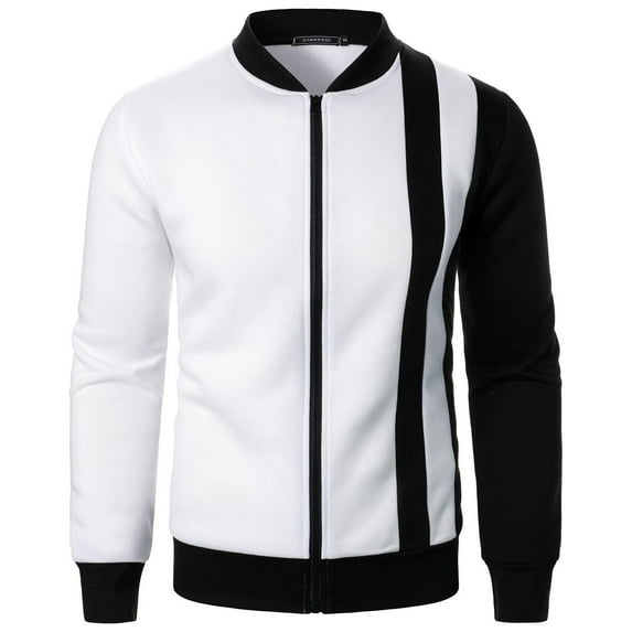 HOOMEUMY Mens Hoodless Cardigan Jacket Fashion 2025 Trendy Colorblocked Coat Stand Collar Design Striped Zipper Slim Fit Jacket Casual Workout Long Sleeve Clothes White L