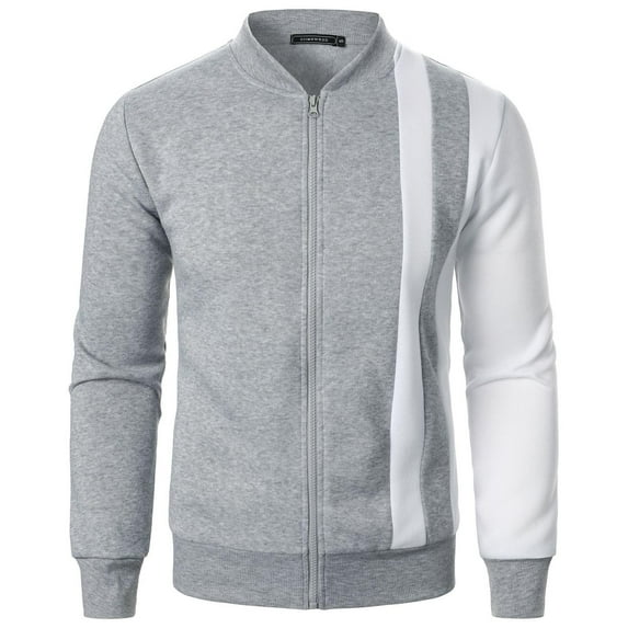 HOOMEUMY Mens Hoodless Cardigan Jacket Striped Zipper Slim Fit Jacket Casual Workout Long Sleeve Clothes Fashion 2025 Trendy Colorblocked Coat Stand Collar Design Gray S