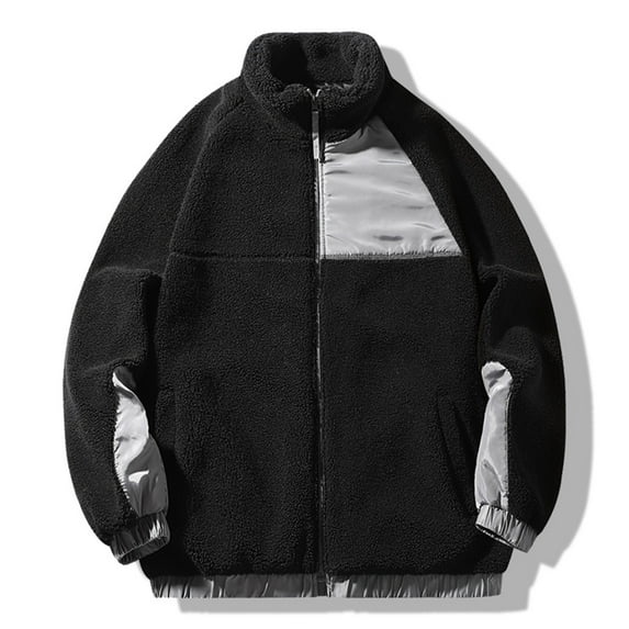 HOOMEUMY Mens Hoodless Fleece Jacket Stand Collar Jacket Thicken Design Casual Workout Drop Shoulder Clothes Fashion 2025 Trendy Color Block Coat Black XXL