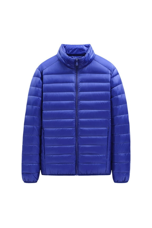 Mens Hoodless Down Jackets Lightweight Design Casual Workout Long Sleeve Clothes Fashion 2025 Trendy Classic Solid Coat Stand Collar Jacket Blue XXL