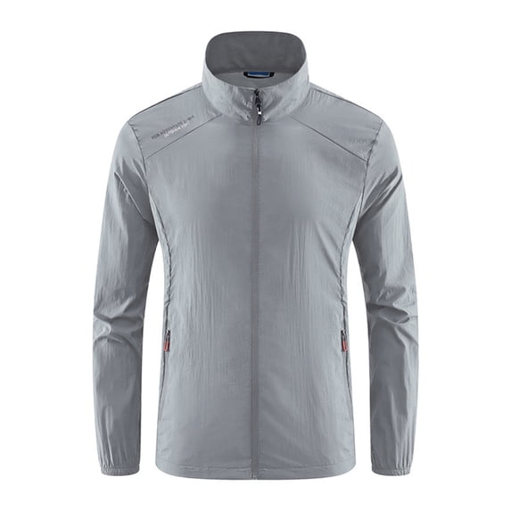 HOOMEUMY Mens Ice Silk Jacket Workout Long Sleeve Clothes Fashion 2025 Trendy Classic Solid Coat Standing Collar Jacket Sun Protection Design Casual Gray M