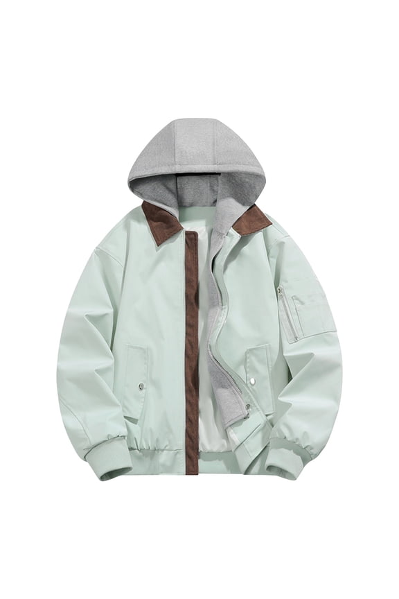 Mens Jackets Zip Up Hooded Jackets Loose Solid Color Cargo Pockets Long Sleeved Fashion Casual Outerwear (Mint Green,L）