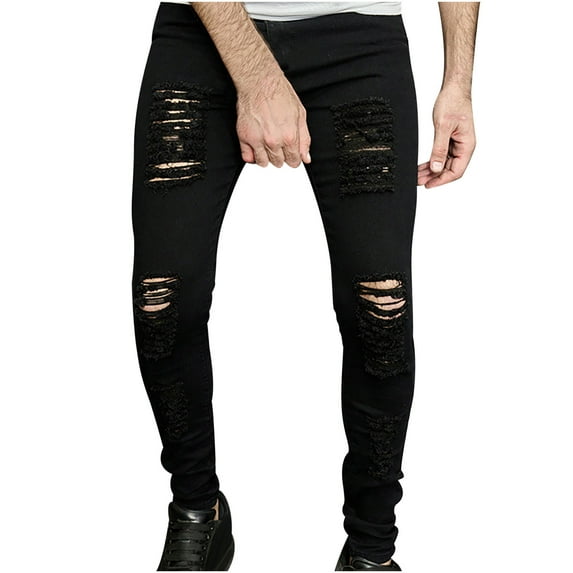 HOOMEUMY Mens Jean Pants Workout Casual Denim Pants Outdoor Distressed Cool Pant Stretchy Pencil Pants Hip Hop Jogging with Pockets Straight Fit Full-length Pants Elastic Waist TrousersⓐBlack L
