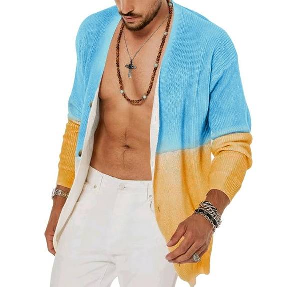 HOOMEUMY Mens Knitted Cardigan Jacket Casual Workout Drop Shoulder Clothes Fashion 2025 Trendy Colorblocked Coat Front Open Jacket Loose Fit Design Light Blue L