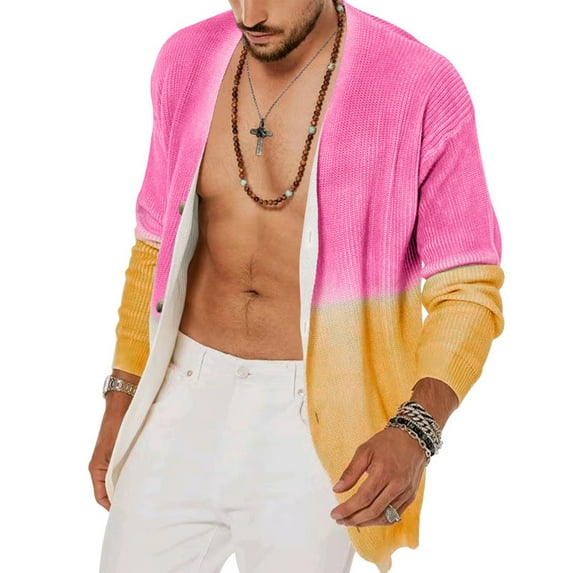 HOOMEUMY Mens Knitted Cardigan Jacket Colorblocked Coat Front Open Jacket Loose Fit Design Casual Workout Drop Shoulder Clothes Fashion 2025 Trendy Pink XL