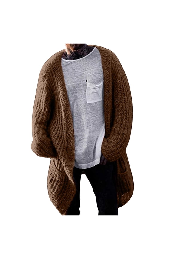 Mens Knitted Cardigan Sweaters Coat Stretch Design Casual Workout Drop Shoulder Clothes Fashion 2025 Trendy Classic Solid Coat Front Open Jacket Brown M