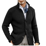 HOOMEUMY Mens Knitted Cardigan Sweaters 2025 Trendy Classic Solid Coat Stand Collar Jacket Buttons Design Casual Workout Raglan Sleeve Clothes Fashion Black XL
