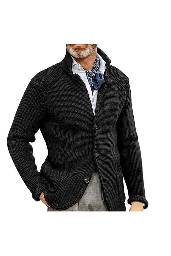 Mens Knitted Cardigan Sweaters 2025 Trendy Classic Solid Coat Stand Collar Jacket Buttons Design Casual Workout Raglan Sleeve Clothes Fashion Black XL