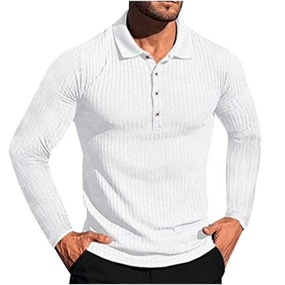 HOOMEUMY Mens Knitted Pullover Undershirts Fashion 2025 Trendy Classic Solid Design Turndown Collar Tops Stretch Blouse Casual Basic Long Sleeve Shirts White XL