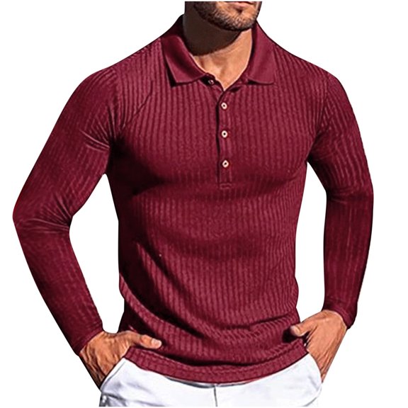 HOOMEUMY Mens Knitted Pullover Undershirts Turndown Collar Tops Stretch Blouse Casual Basic Long Sleeve Shirts Fashion 2025 Trendy Classic Solid Design Red XL