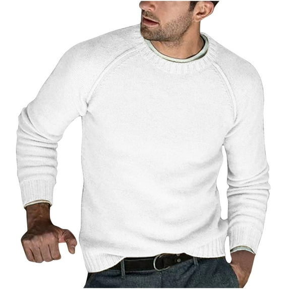 HOOMEUMY Mens Knitted Sweaters Basic Raglan Sleeve Shirts Fashion 2025 Trendy Classic Solid Design Crew Neck Tops Slim Fit Blouse Casual White XL