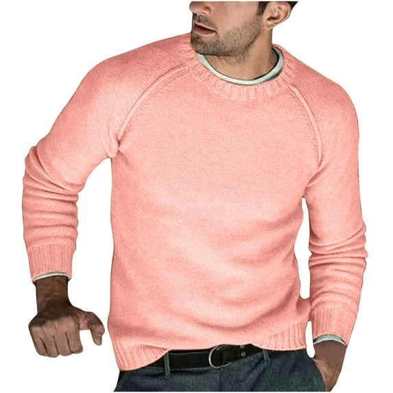 HOOMEUMY Mens Knitted Sweaters Casual Basic Raglan Sleeve Shirts Fashion 2025 Trendy Classic Solid Design Crew Neck Tops Slim Fit Blouse Pink XXXL
