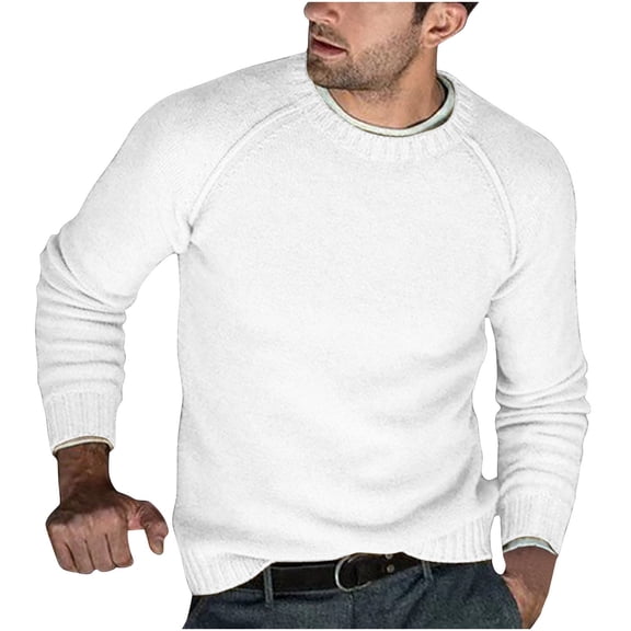 HOOMEUMY Mens Knitted Sweaters Crew Neck Tops Slim Fit Blouse Casual Basic Raglan Sleeve Shirts Fashion 2025 Trendy Classic Solid Design White XXXL