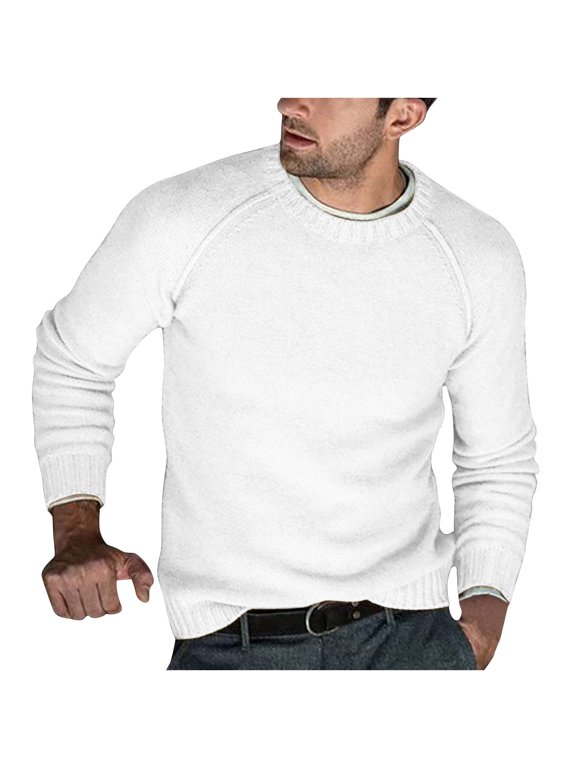 Mens Knitted Sweaters Crew Neck Tops Slim Fit Blouse Casual Basic Raglan Sleeve Shirts Fashion 2025 Trendy Classic Solid Design White XXXL